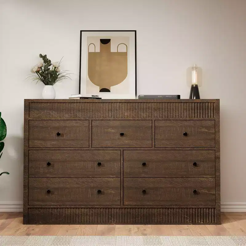 54 Wide 7 Drawer Wooden Dresser, Fluted Chest of Drawers & Storage Organizer for Bedroom, Living Room, Hallway & Entryway
