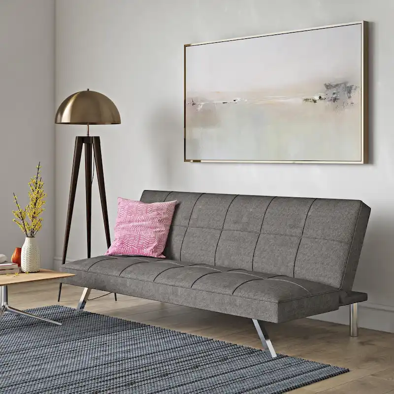 Metal Frame Linen Futon Sofa Bed with Reclining Backrest – Grey, 1-Person Use