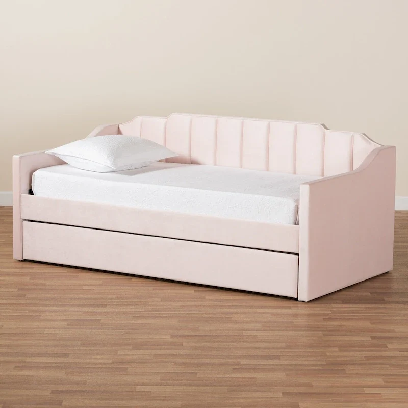 Channel-Tufted Velvet Daybed with Pull-Out Trundle – Pink / Navy / Grey, Twin / Full / Queen, 1-2 Person Use