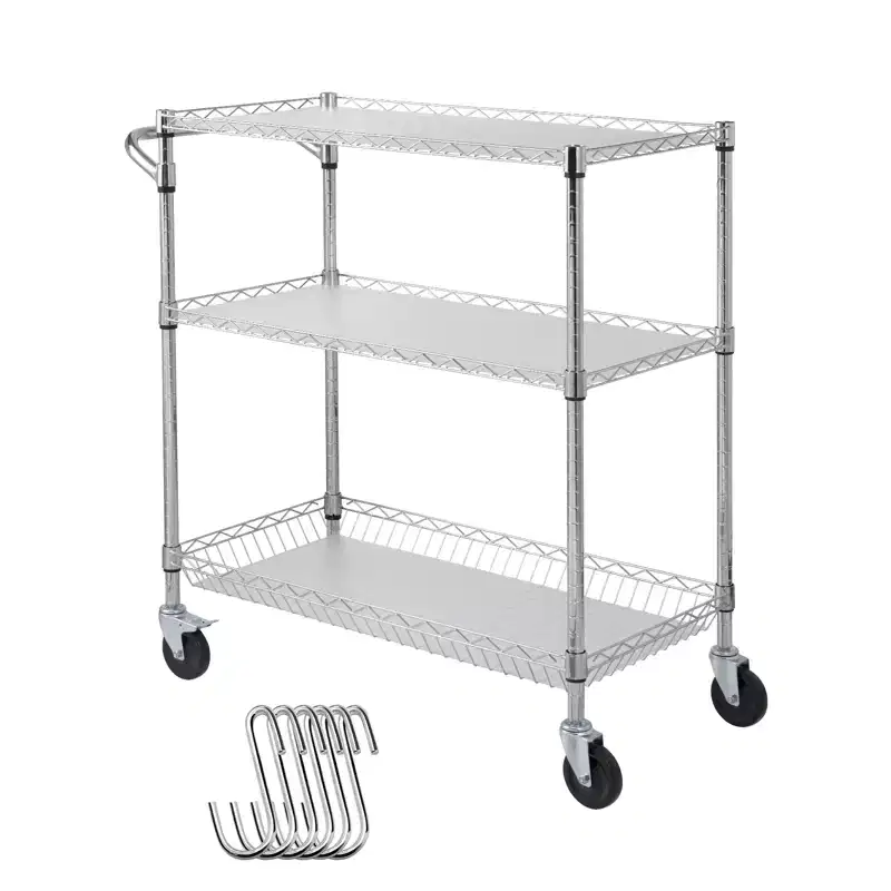 3-Tier Wire Rolling Kitchen Utility Cart, 661LBS Capacity, Curved Handle, PP Liner & 6 Hooks