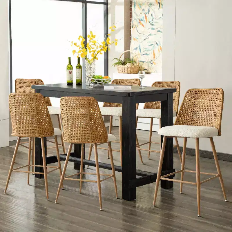 Set of 6 Boucle & Rattan Counter Height Bar Stools, 27 Modern Boho Kitchen Island Chairs with Oak Finish Metal Legs - Panipeachy