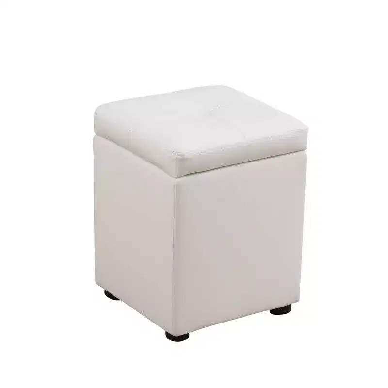 Square White Storage Ottoman with Faux Leather Upholstery