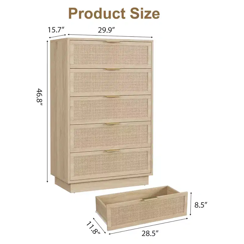 5 Drawer Rattan Dresser, Natural Rattan Weave Wooden Storage Cabinet, Wooden Chest, Easy Assembly, for Hallways, Entryways
