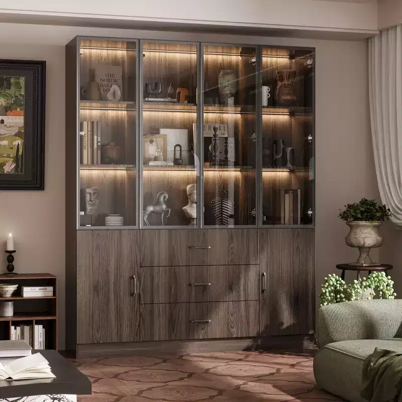 Brown Wood Display Cabinet With Glass Doors and LED Lights