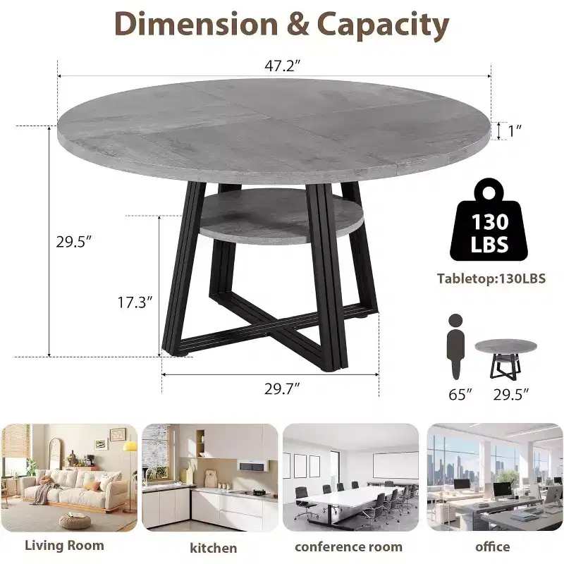 47-Inch Round Dining Table with Storage Shelf, Metal Base, Seats 4-6, for Kitchen or Dining Room