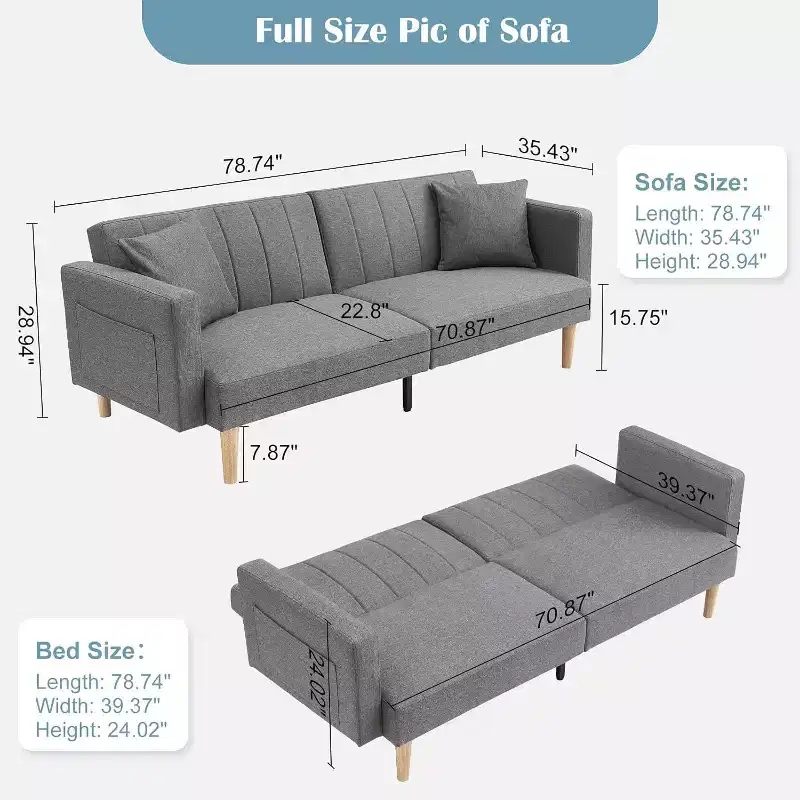 DobleePy Linen Convertible Sofa Bed, Adjustable Backrest Loveseat Sleeper with Side Storage Pocket, Easy Assembly