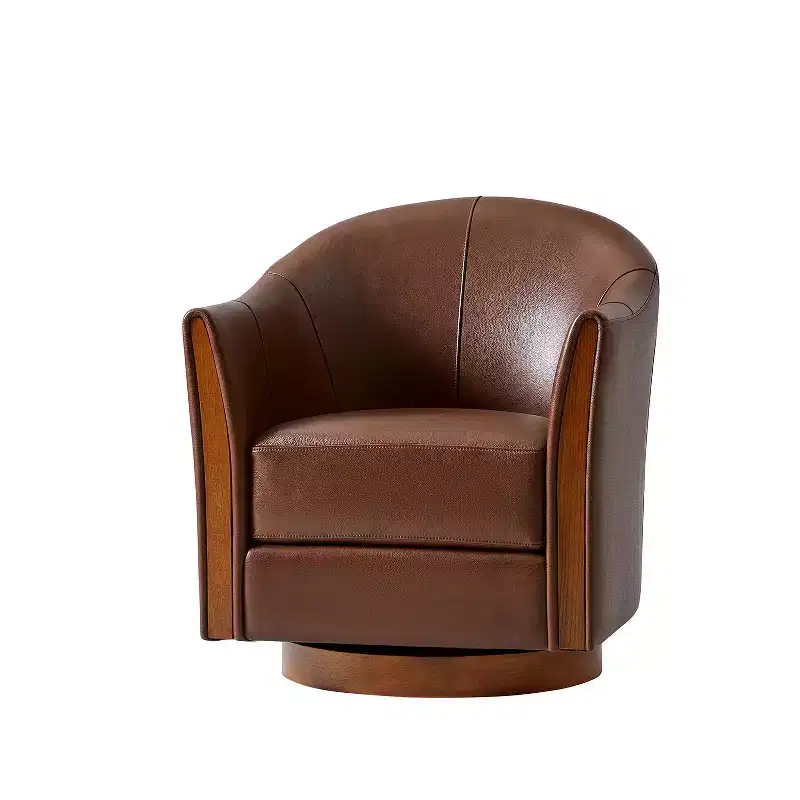 Transitional Genuine Leather Swivel Barrel Chair With Solid Wood BaseArtful Living Design