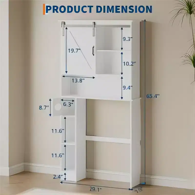 White Over Toilet Storage Cabinet with Barn Door and Tissue Holder, Freestanding MDF Bathroom Organizer with 2 Doors and Shelf