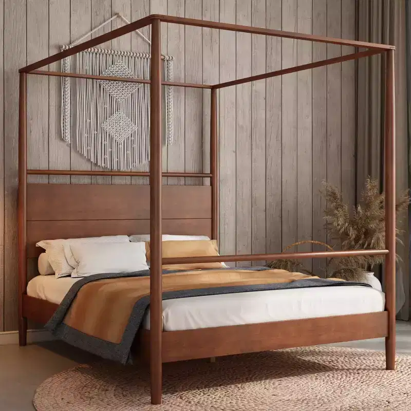 Merax Modern Rustic Solid Wood Canopy Bed Frame with Built-in Headboard