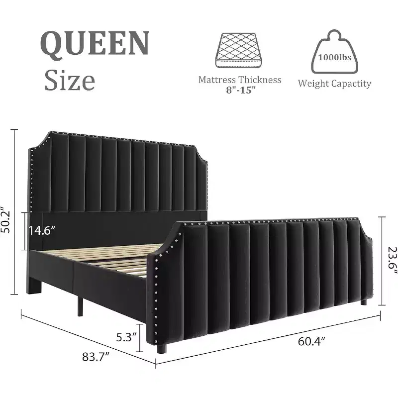 Queen Size Velvet Platform Bed Frame with 50.2