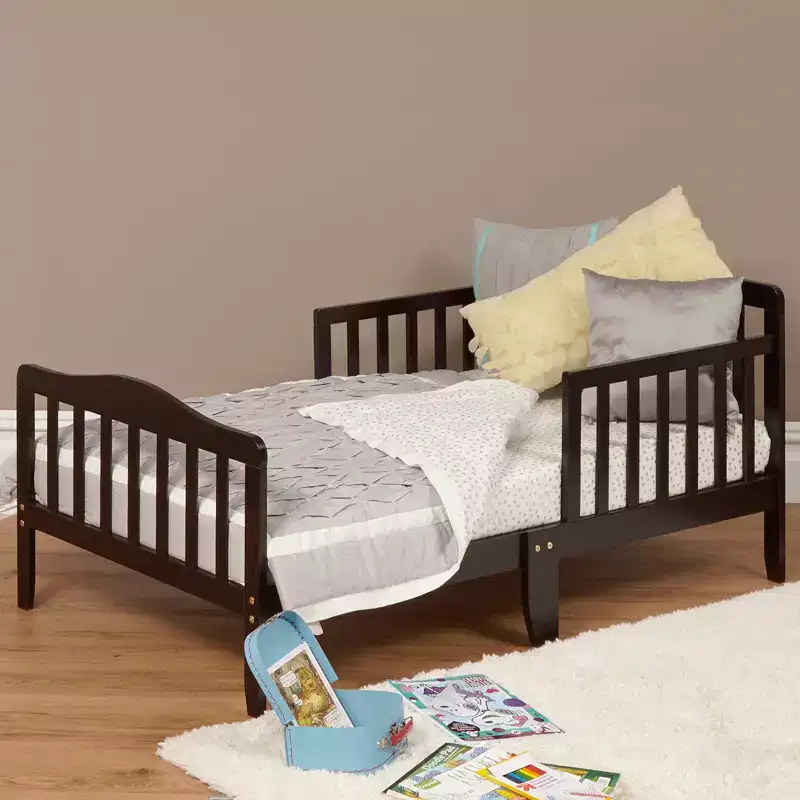 Acekool Toddler Bed, Espresso Solid Wood Kids Bed with Dual Guard Rails for Ages 6 and Up
