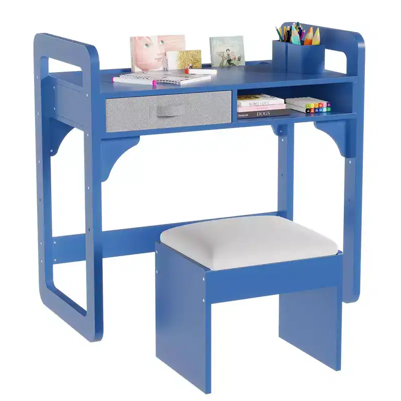 Kids Desk and Chair Set, Study Desk for Boys and Girls, Wooden Kids Writing Table with Cloth Drawers and Pen Holder