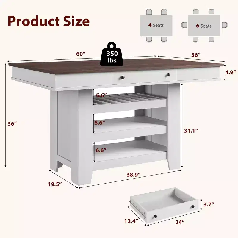 60-Inch Kitchen Island with Storage, Farmhouse 4-Tier Stationary Island Table with Large Countertop for Kitchen, Dining Room, Living Room