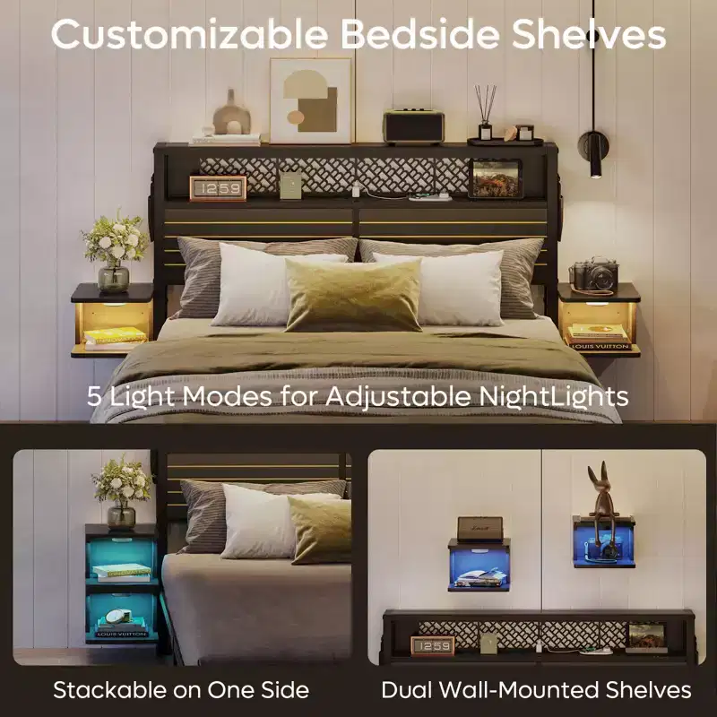 Platform Bed Frame with Storage Headboard, LED Lights, Power Outlet & USB Ports, Steel Slats