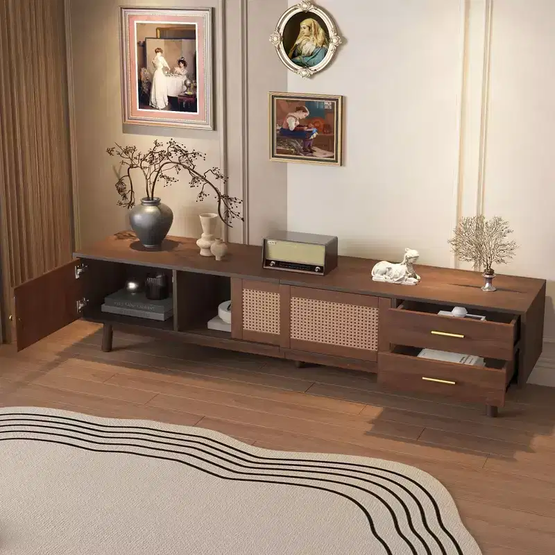 PexFix Mid Century Modern TV Stand for 80 TVs Entertainment Center with Sliding Doors and Drawers TV Table with Storage for Living Room/Bedroom Brown