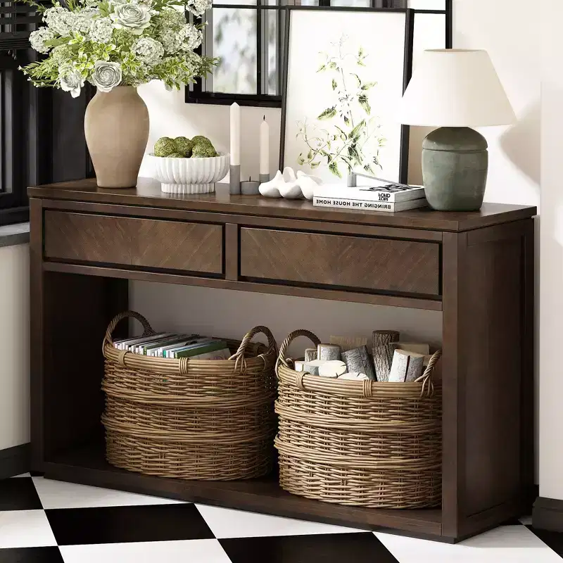 Rustic Wooden Console Table with Storage Drawers and Open Shelf, Elegant Entryway Table for Hallway and Living Room - ModernLuxe