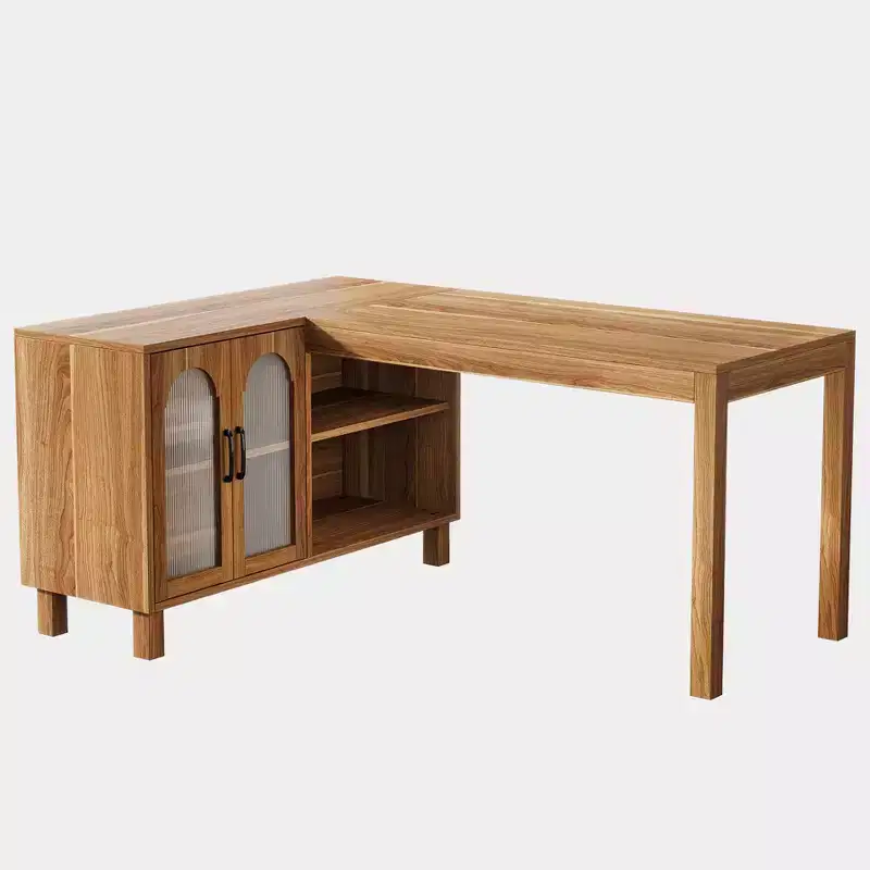 L-Shaped Computer Desk, 59-inch Executive Desk with Cabinet, Office Corner Desk Workstation, Brown