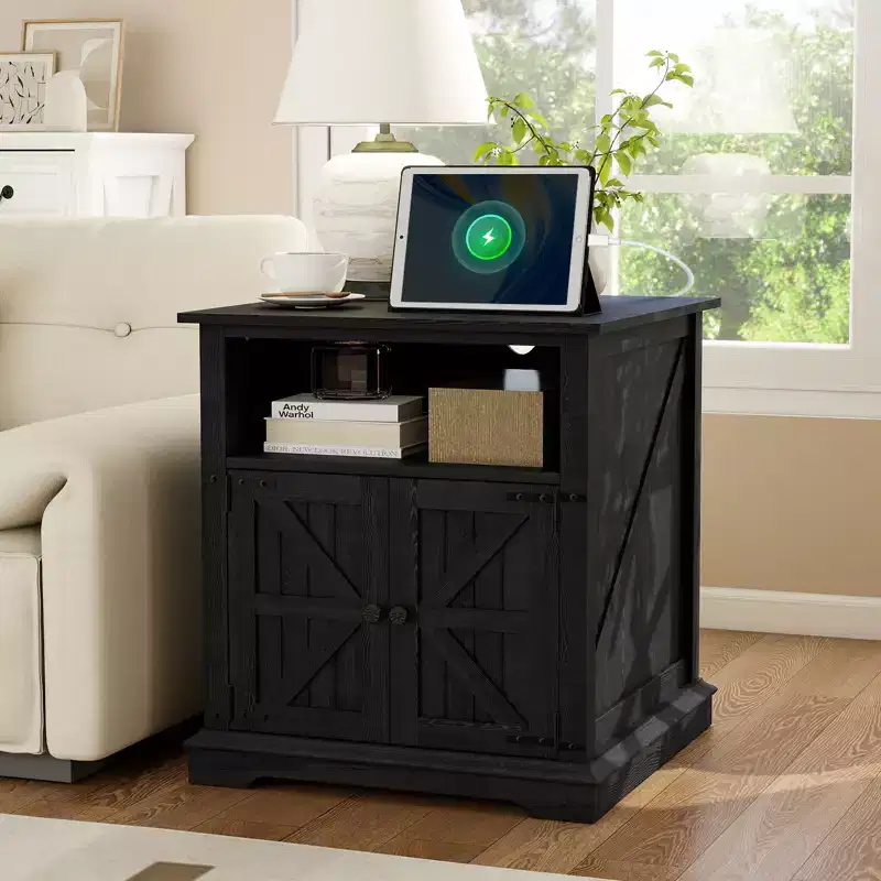 Dyonery End Table with Charging Station, 24 Inch Farmhouse Side Tables Living Room, Wood Rustic Nightstand, Bedside Table for Bedroom, Black