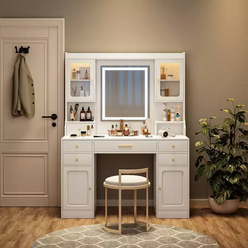 Makeup Vanity Desk with Mirror, 6 Drawers & Shelves, White