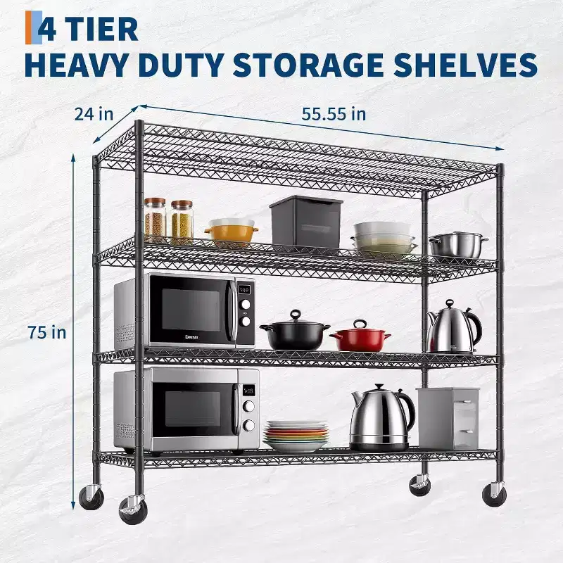 Acekool 4-Tier Heavy Duty Wire Shelving Unit with Locking Wheels, Adjustable Shelves for Kitchen, Garage, Pantry, 2500 lbs Capacity
