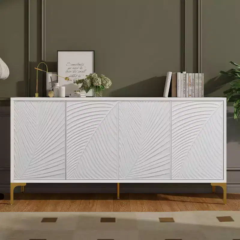 Modern 60 White Sideboard Buffet Cabinet, 4-Door Wood Credenza with 3D Carved Palm Texture & Gold Legs