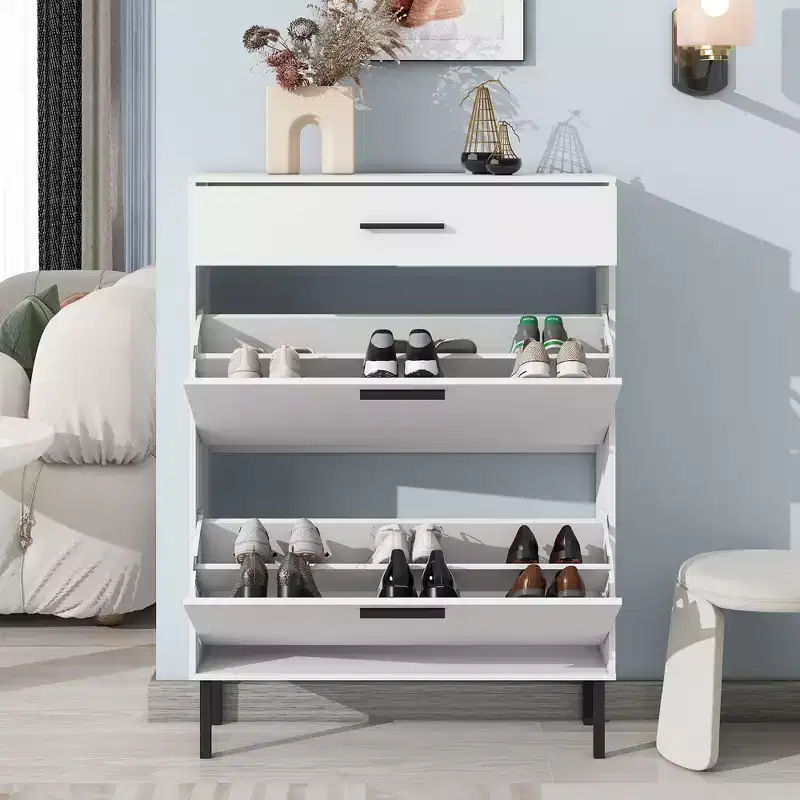 MAYEERTY Shoe Cabinet Freestanding Shoe Rack Storage Organizer with Drawers Metal Legs Modern 2 Flip Drawers for Entryway
