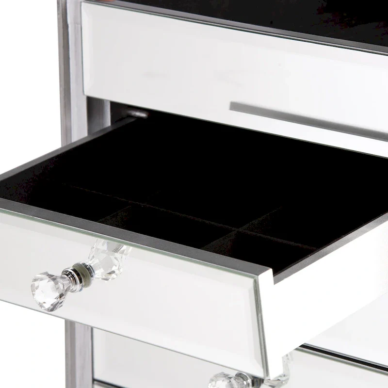 Silver Mirrored Jewelry Armoire with Drawers & Necklace Hooks – 1 Person