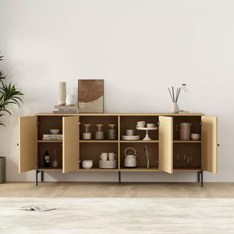 Modern Slatted Door Sideboard with Adjustable Shelves and Metal Legs