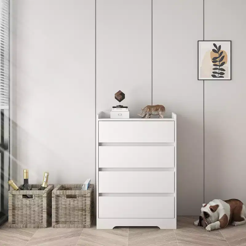 JVNOXK Modern Wooden Four-Drawer Cabinet, Handle-Free Drawers, 100% Waterproof, Sturdy Frame, Suitable for Living Room, Bedroom, White