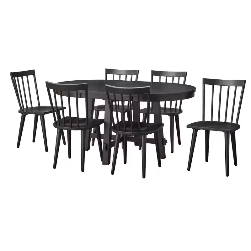 Lifestorey 7pc Edmonton Farmhouse Extendable Dining Set with Solid Wood Chairs Matte Black
