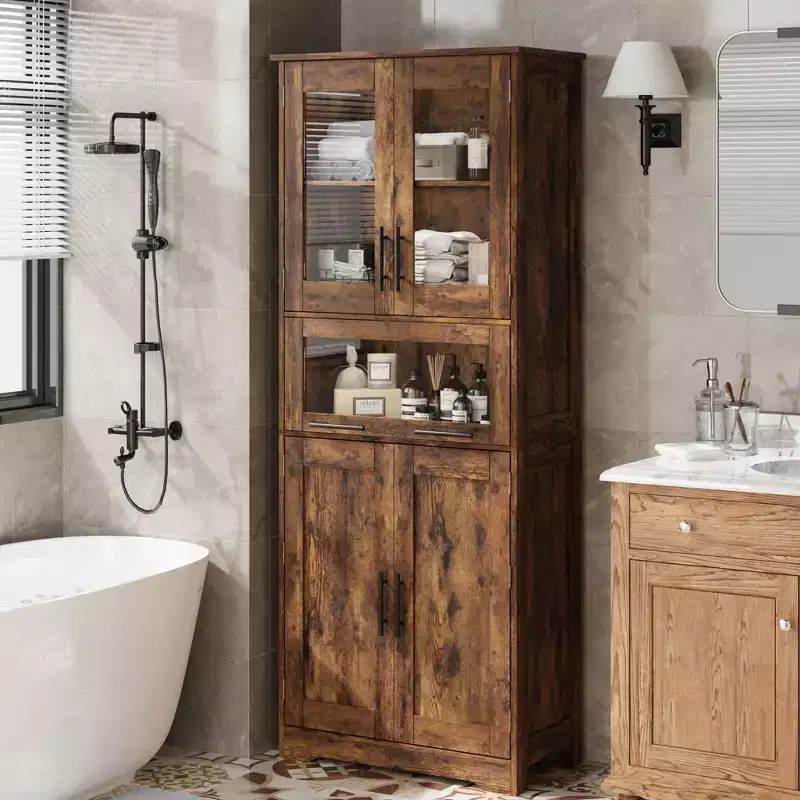 GustoWave Tall Bathroom Cabinet, Freestanding Storage Cabinet with Glass Doors and Adjustable Shelves and Drawers, 67 Tall Cabinet for Kitchen