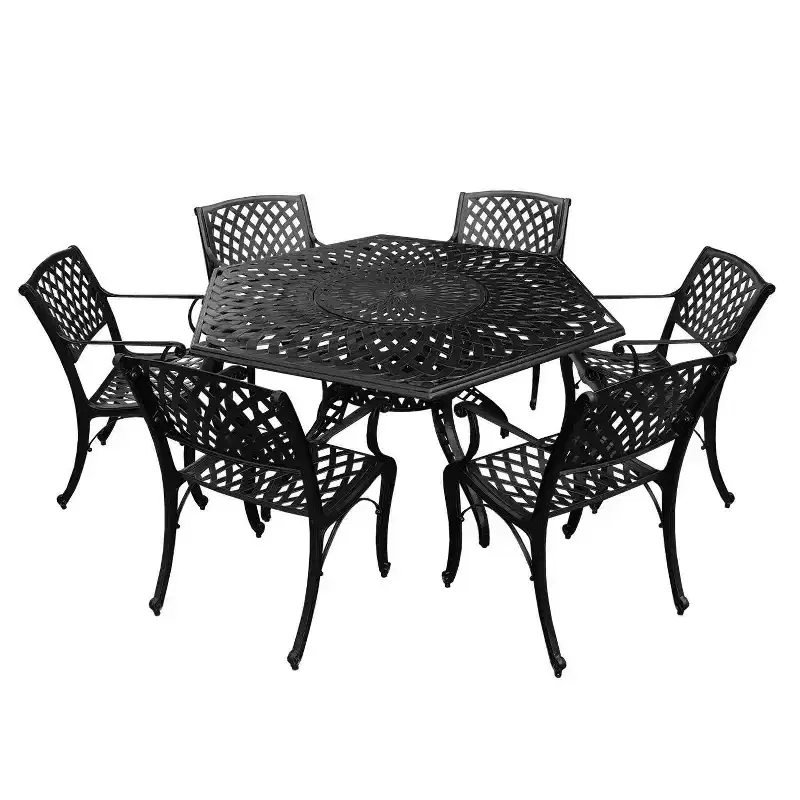 7pc Patio Dining Set with 63" Modern Ornate Outdoor Mesh Aluminum Large Hexagon Table & Modern Chairs - Black - Oakland Living: UV-Resistant