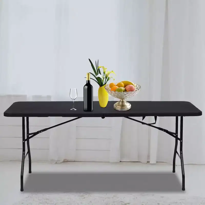 6-Foot Fold-in-Half Portable Folding Table, HDPE Plastic, Seats 8-10, Black