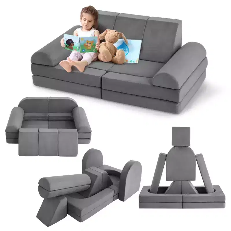10-Piece Modular Kids Convertible Corner Sofa, Soft Foam Play Cushions with Ball Pool, Play Sofa for Boys and Girls (Grey)
