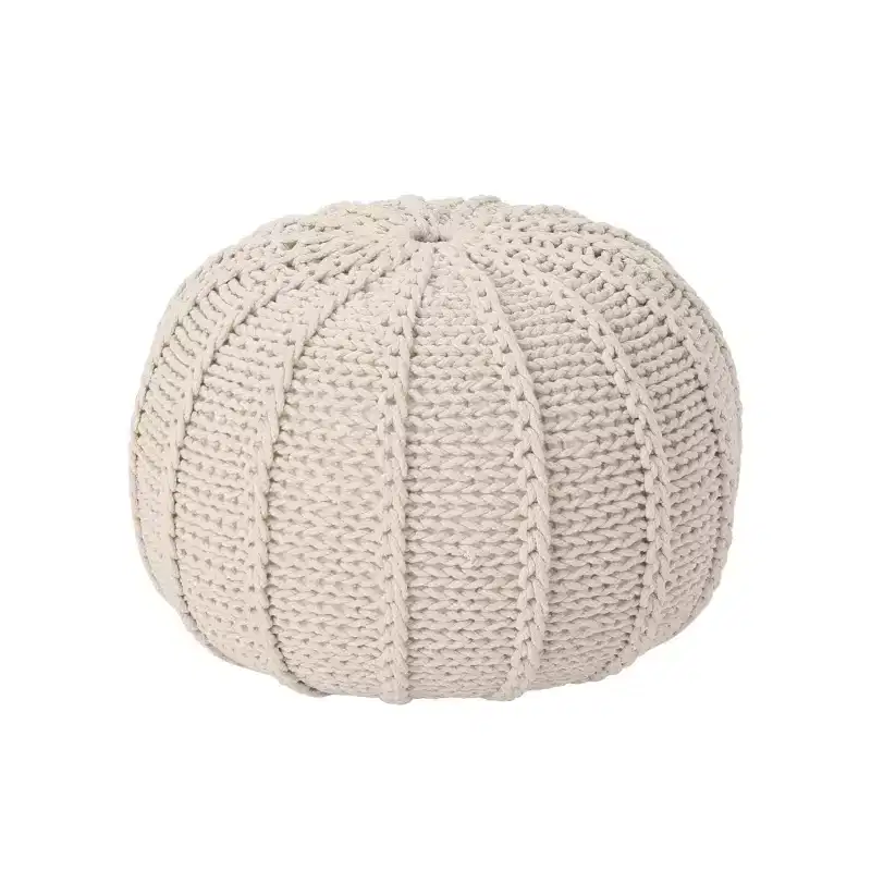 Knitted Cotton Round Pouf Ottoman Hand-Stitched