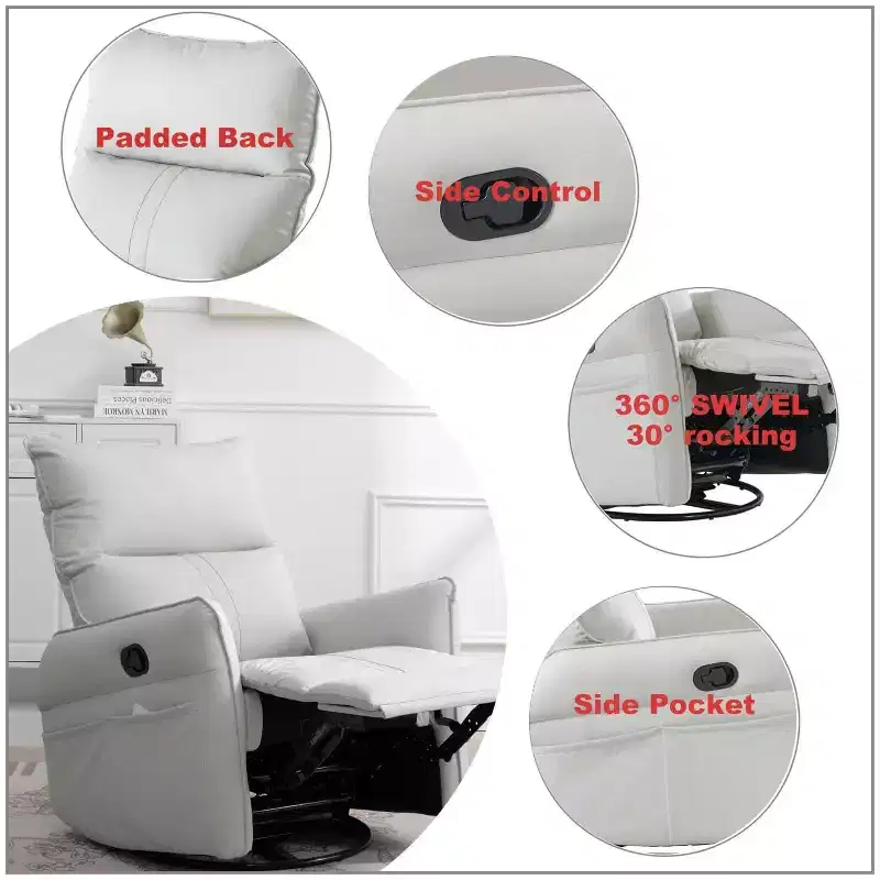 Rocking Recliner Chair with Side Pockets, 360° Swivel & Reclining, Supports 330 lbs – Light Gray