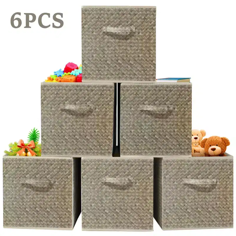 12 inch Foldable Cube Storage Bins 6-Pack, Closet Organizers Bins and Storage Box for Toy Clothes-Brown
