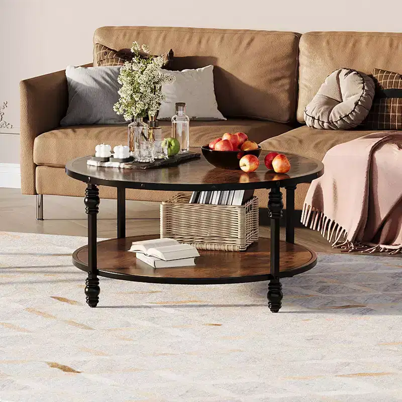 34.5/30.5 Round Coffee Table, 2 Tier Center Table with Storage Shelf, Wooden Industrial Circle Coffee Table with Metal Frame, Rustic Brown