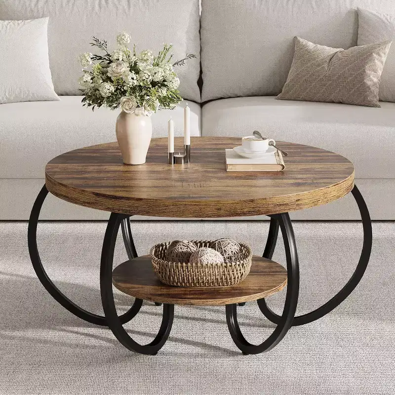 2-Tier Round Coffee Table with Storage Shelf