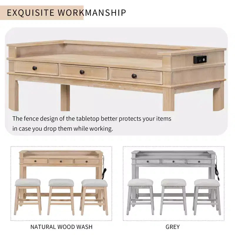Whisen 4-Piece Dining Bar Table Set with 3 Upholstered Stools and 3 Drawers