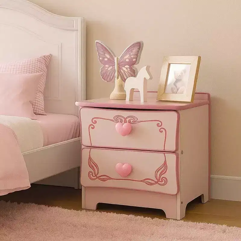 2-Drawer Wooden Nightstand with Heart Knob Pulls, Pink