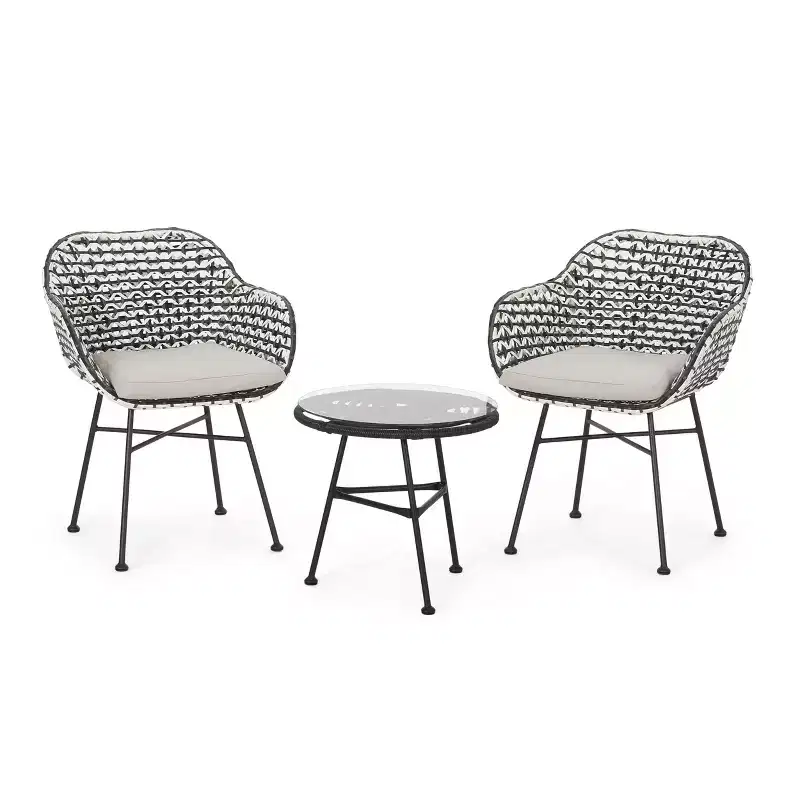 GDFStudio Hardaway Outdoor Wicker and Iron 3 Piece Chat Set with Cushion