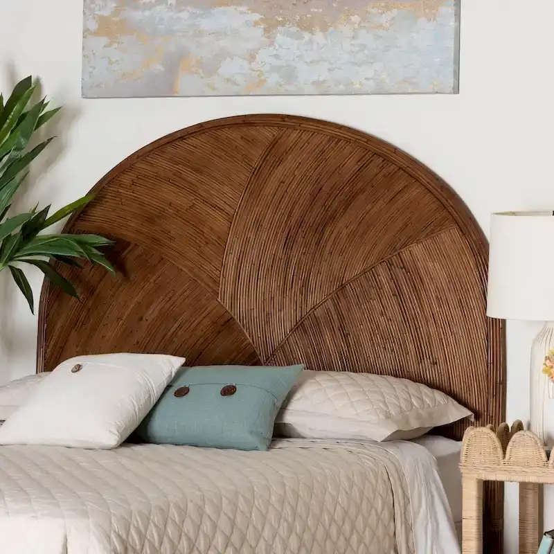 Bohemian Natural Rattan Standalone Headboard with Geometric Round Design – Honey / Brown, Queen / King