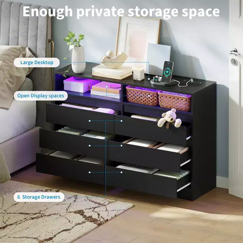 4 Drawer Dresser with LED Light and Charging Station, 2pcs Storage Chest with Power Outlet, Accent Double Dresser for Bedroom Living Room, Black