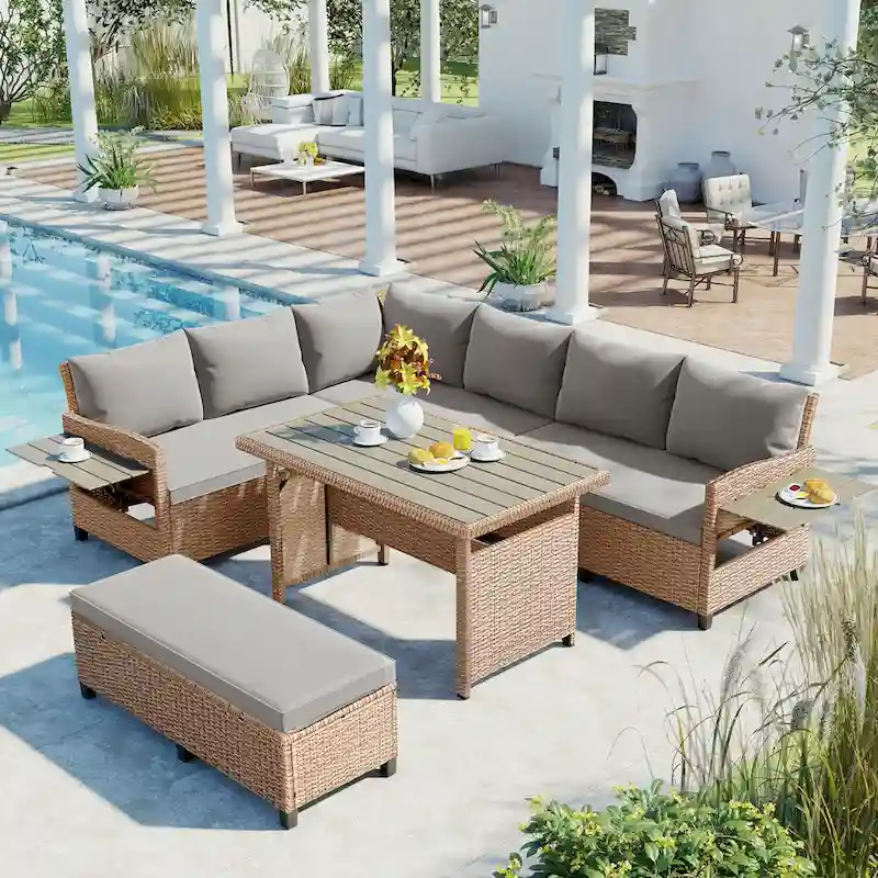 5 Pcs Outdoor Patio Rattan Sofa Set, All Weather PE Wicker Patio Furniture Set with 2 Extendable Side Tables and Table