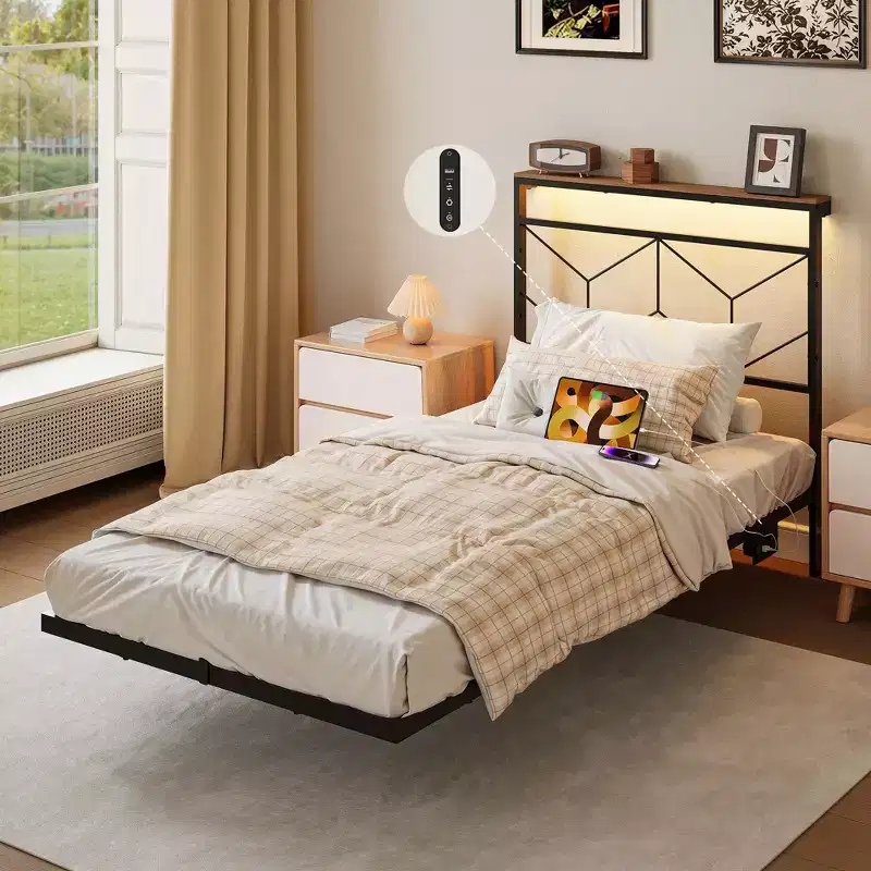 Floating Bed Frame with LED Storage Headboard, Charging Station, No Box Spring Needed