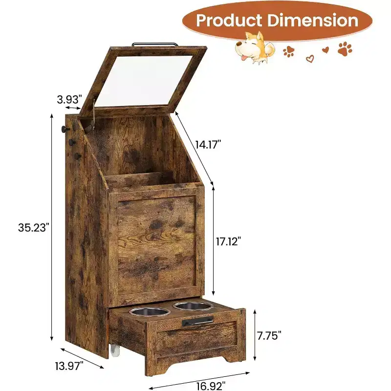 Dog Feeding Station with Raised Bowls, Storage Cabinet & Hooks for Supplies, Brown