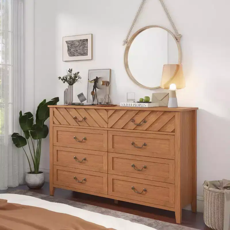 Brown/White 6-Drawer Wood TV Stand with V-Pattern Front, Media Console