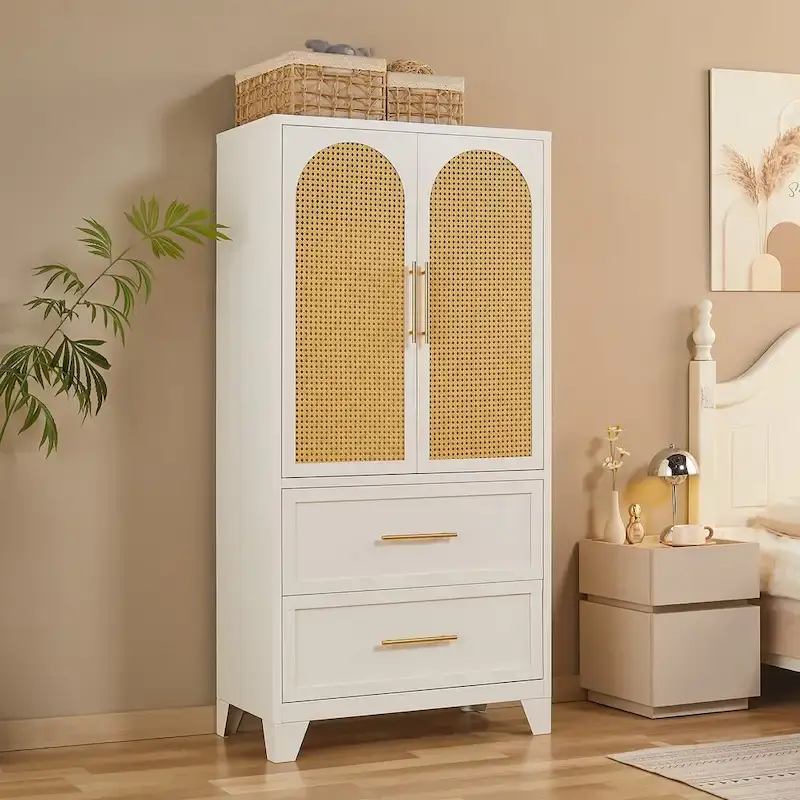 Rattan Armoire Wardrobe Clo Cabinet with Drawer & Hanging Rod - 65H x 31.5W x 17.7D