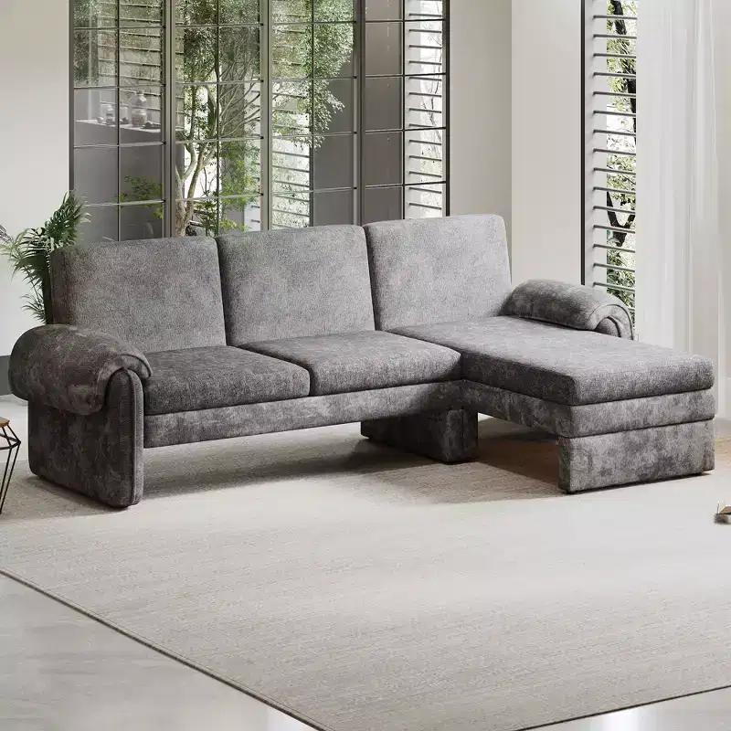94W Convertible Futon Sofa Couch Sofa Bed with Adjustable Backrest, Reversible Chaise Lounge and Removable Armrest Pillows, Beige/Gray-ModernLuxe